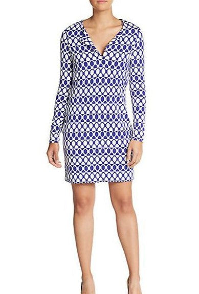 DVF Reina Long-Sleeve Jersey Tunic Dress, Diamond Collage, Purple/White