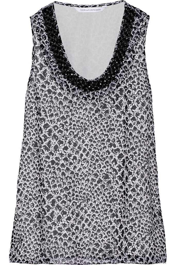 DVF 'Ade' Beaded-Neckline Sleeveless Printed Silk-Chiffon Top