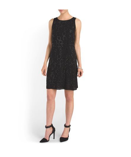 DVF Diane Von Furstenberg Beaded-Front Sleeveless Silk Shift Dress, Black