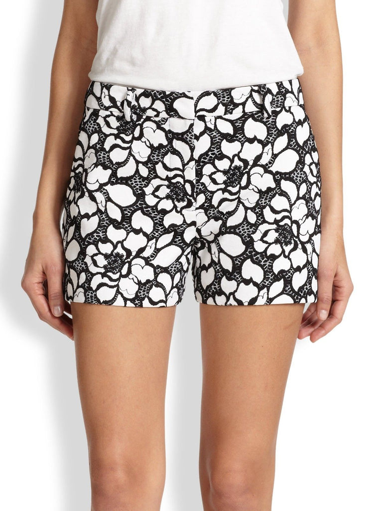 DVF Napoli Embroidered Floral Lace Print Shorts, Black/White
