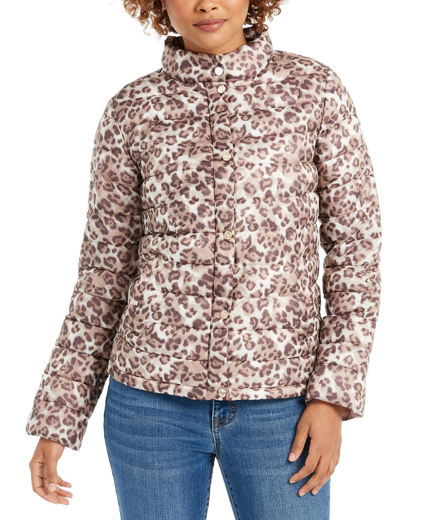 Bernardo Leopard Print Packable Puffer Jacket, Taupe/Brown