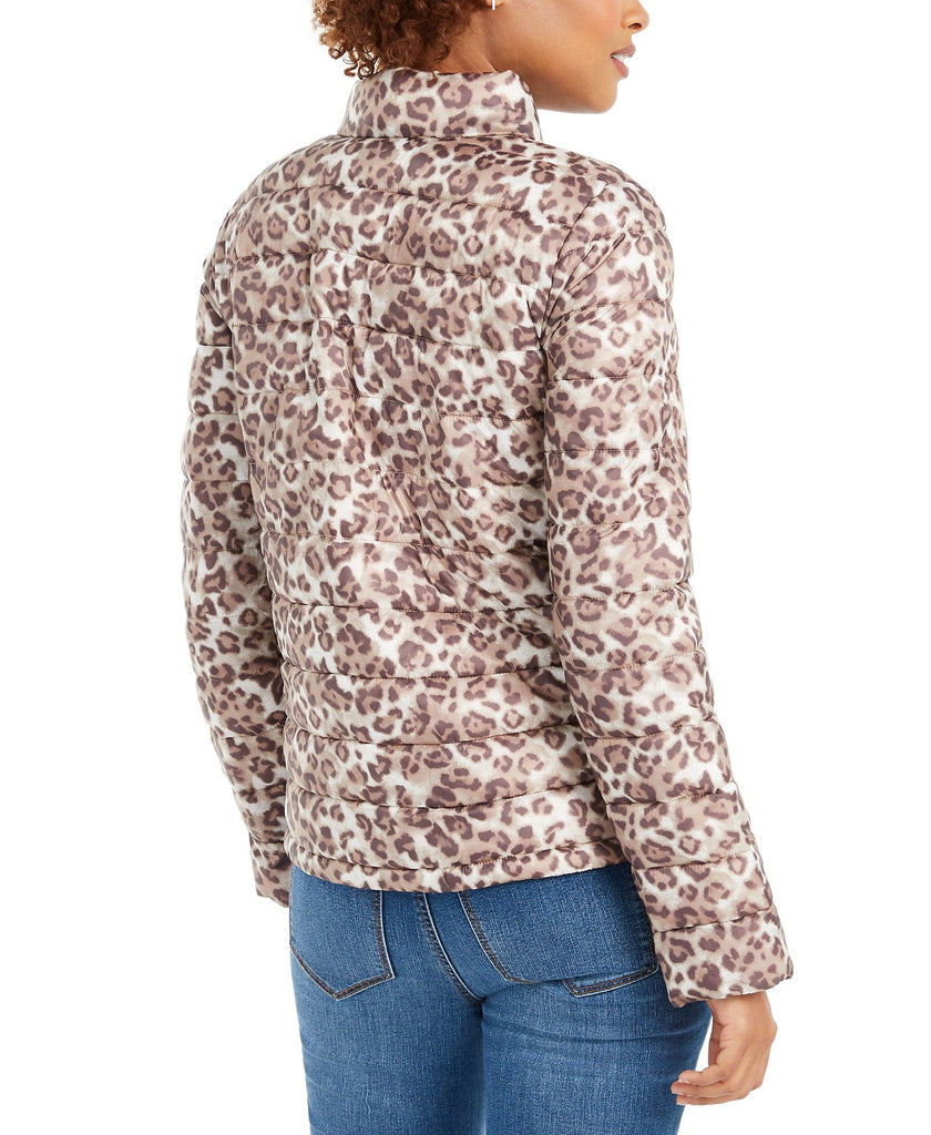 Bernardo Leopard Print Packable Puffer Jacket, Taupe/Brown