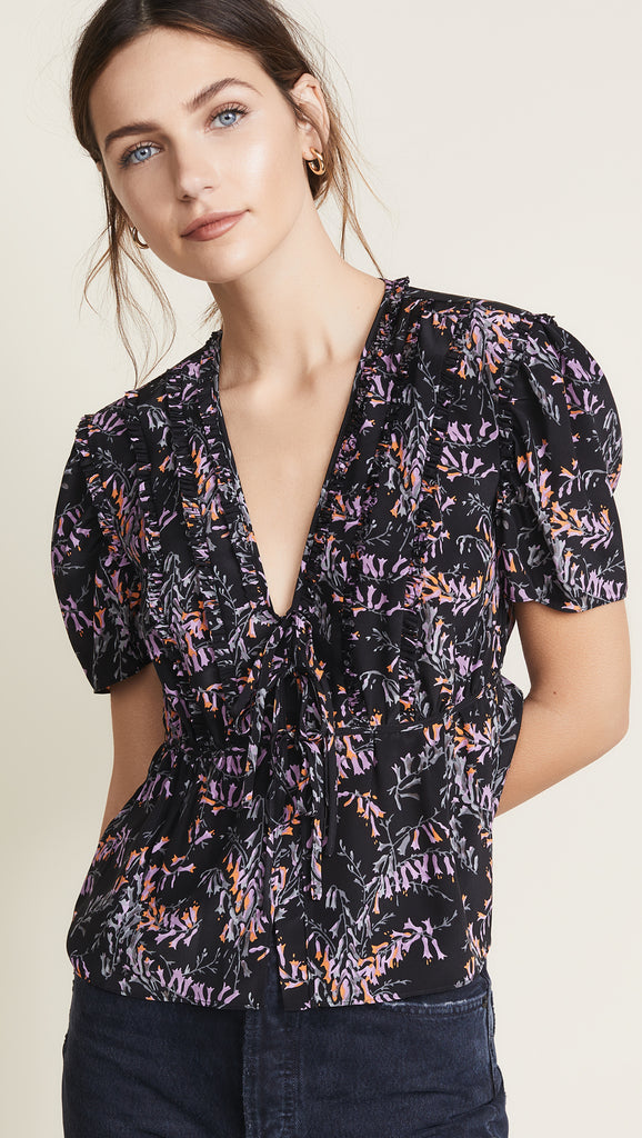 Cinq a Sept Keira Snapdragon Floral-Print Silk Top, Black Multi