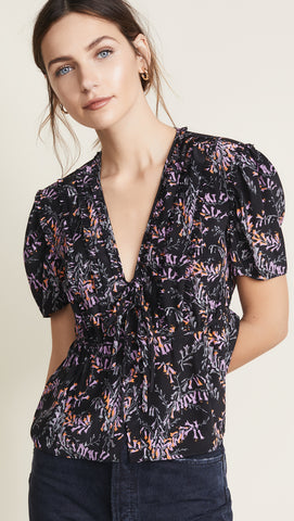Joie 'Damein' Twist-Front Printed Silk Halter Top, Caviar