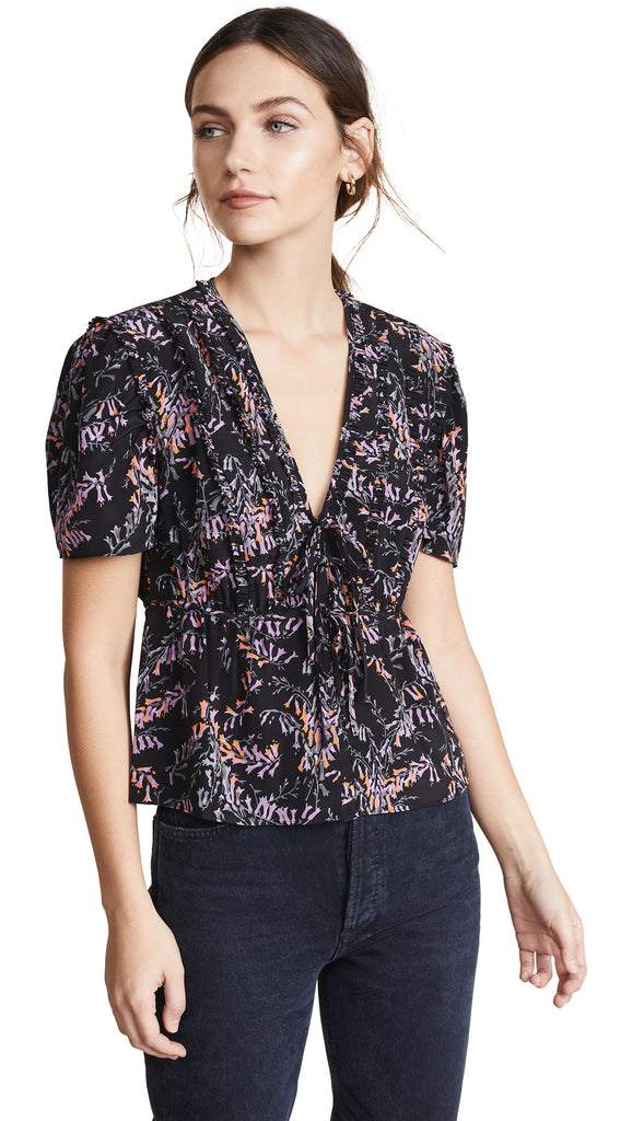 Cinq a Sept Keira Snapdragon Floral-Print Silk Top, Black Multi