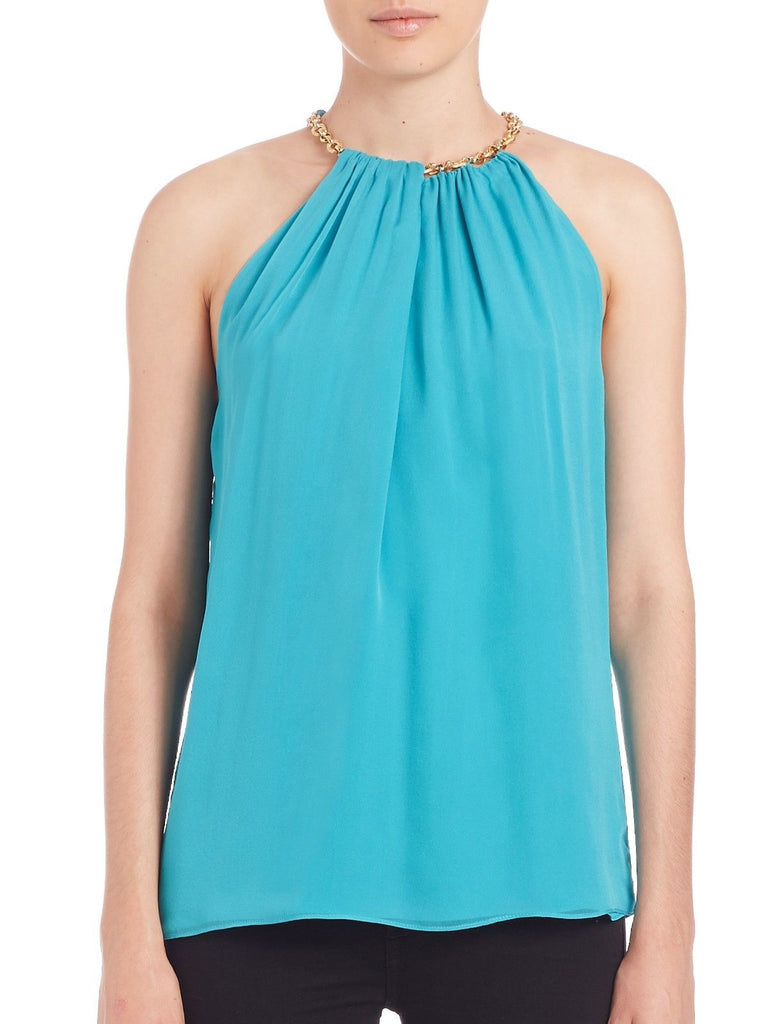DVF 'Aubrey Two' Golden Chain Trim Silk Top, Blue Lagoon