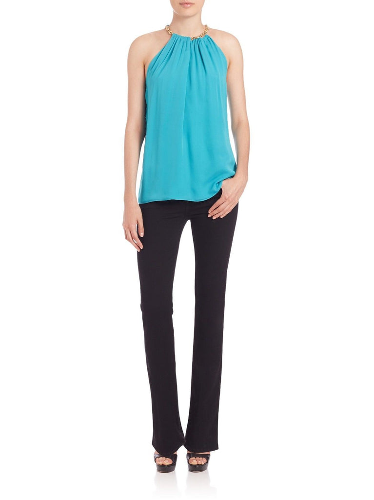 DVF 'Aubrey Two' Golden Chain Trim Silk Top, Blue Lagoon