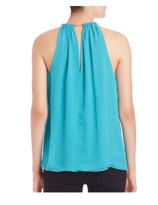 DVF 'Aubrey Two' Golden Chain Trim Silk Top, Blue Lagoon