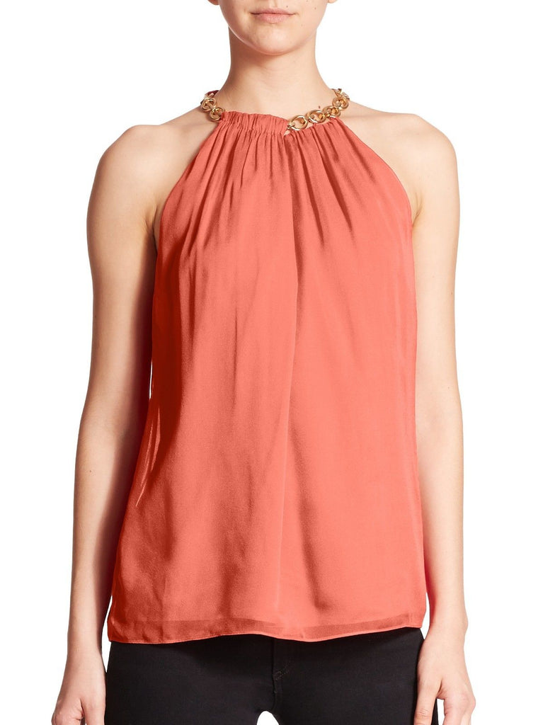 DVF 'Aubrey Two' Golden Chain Trim Silk Top, Ocean Coral