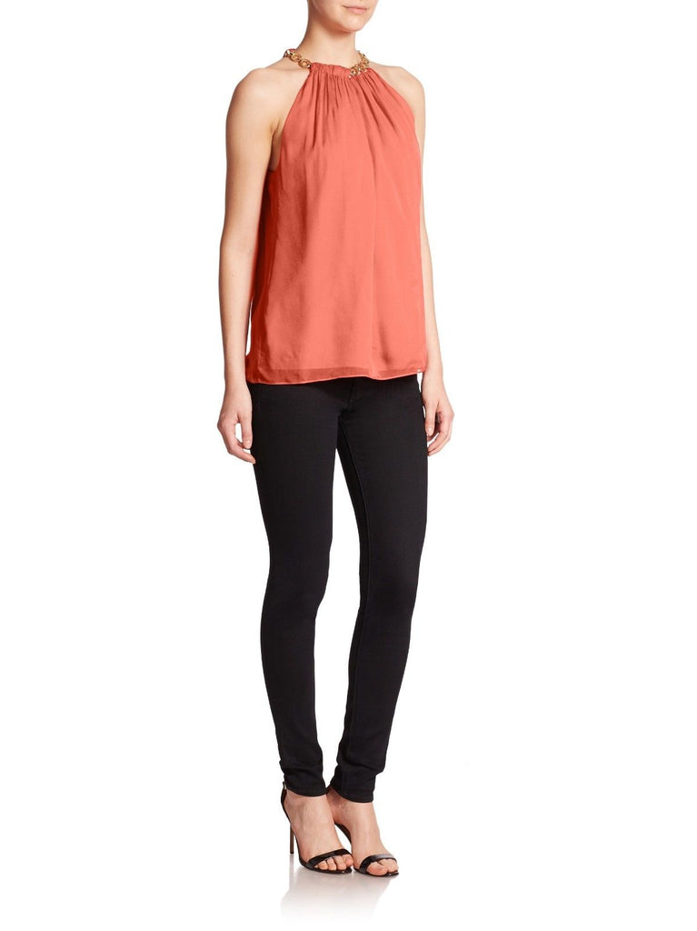 DVF 'Aubrey Two' Golden Chain Trim Silk Top, Ocean Coral