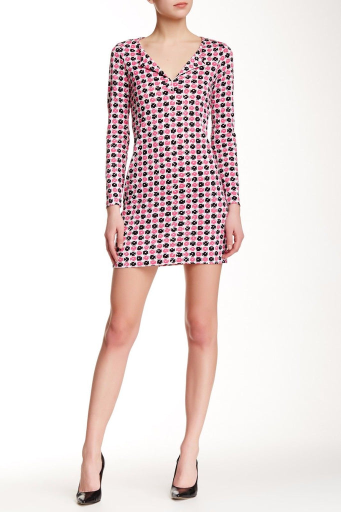 DVF Reina Long-Sleeve Jersey Tunic Dress, Check Dot Pink