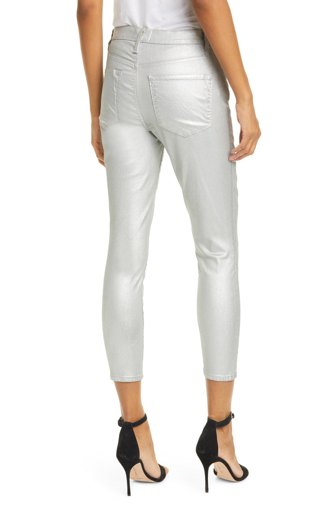 FRAME Ali Metallic High Rise Ankle Crop Skinny Jeans, Silver