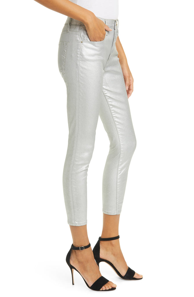 FRAME Ali Metallic High Rise Ankle Crop Skinny Jeans, Silver