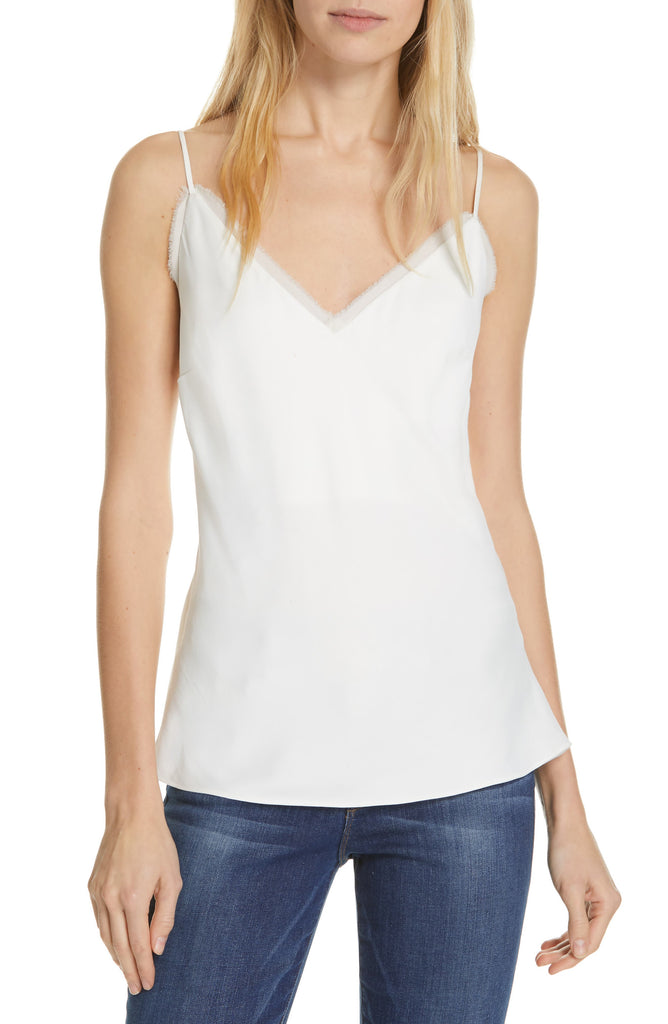 FRAME Raw Edge Sleeveless Satin Cami Tank Top, Off-White
