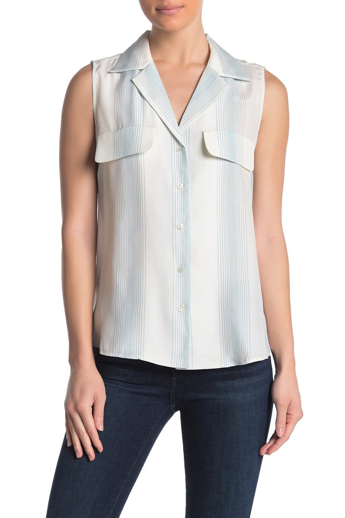 FRAME True Button-Front Striped Silk Sleeveless Top, Blanc Multi