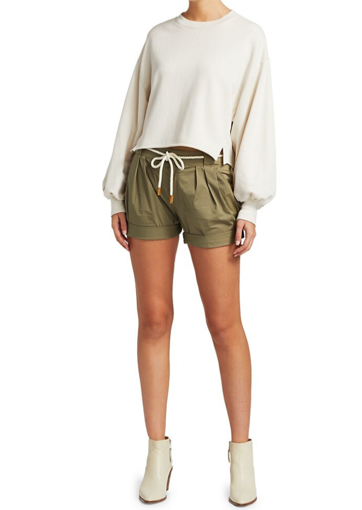 FRAME Tie-Up Rolled Cuff Cotton-Blend Shorts, Khaki Green