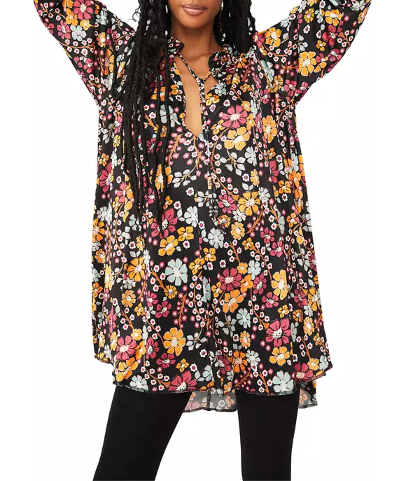 Free People "Daisy Jane" Long-Sleeve Mini Dress, Black Multi