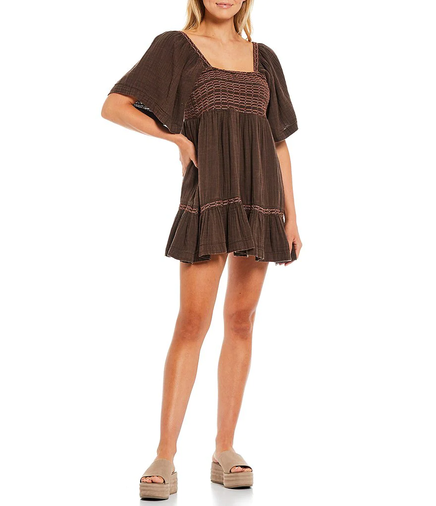 Free People "Easy to Love" Cotton Mini Dress, Espresso Beans