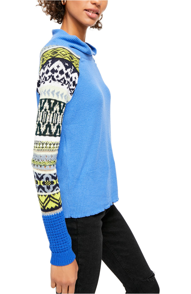 Free People Prism Intarsia Ribbed Sweater, Blue Bell Combo