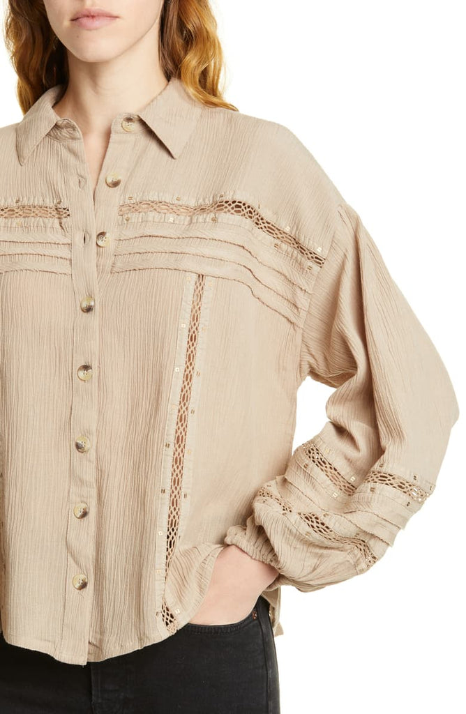 Free People Summer Stars Button Front Gauzey Top, Stone