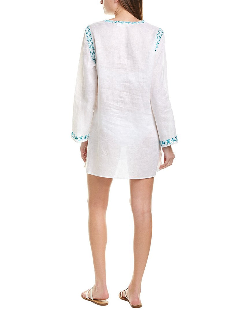 Johnny Was Marie Embroidered Linen Tunic Cover-up, White/Teal