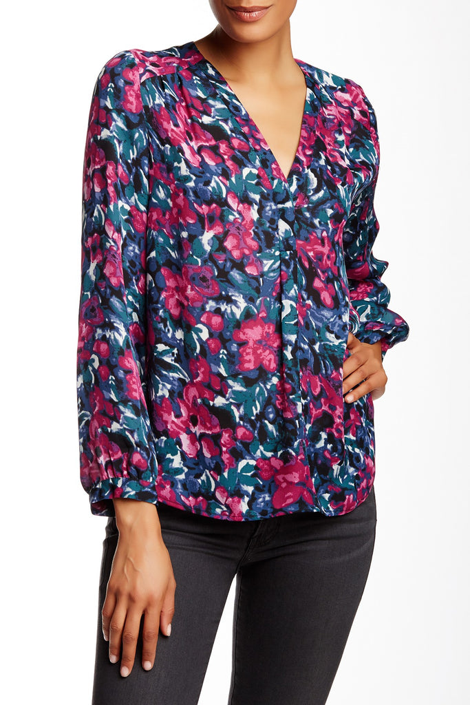 Joie Anthia Floral Print Matte Silk L/S Blouse, Jade/Freesia