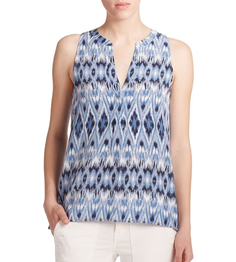 Joie Aruna Ikat Printed Silk Sleeveless Top, Dark Navy Blue
