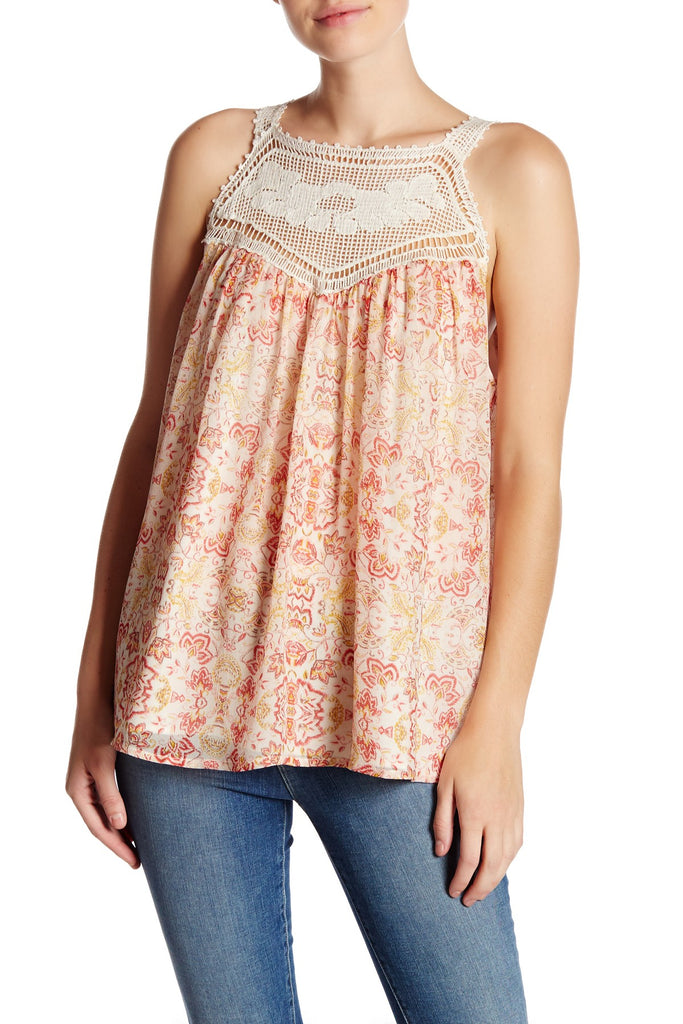 Joie Bayard Crocheted Lace-Trim Printed Silk Tank, Porcelain