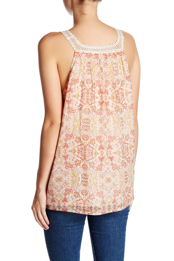 Joie Bayard Crocheted Lace-Trim Printed Silk Tank, Porcelain