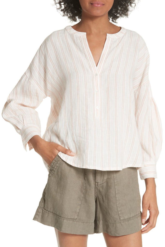 Joie Bekette Collarless Stripe Linen Blouse, Blush Sand