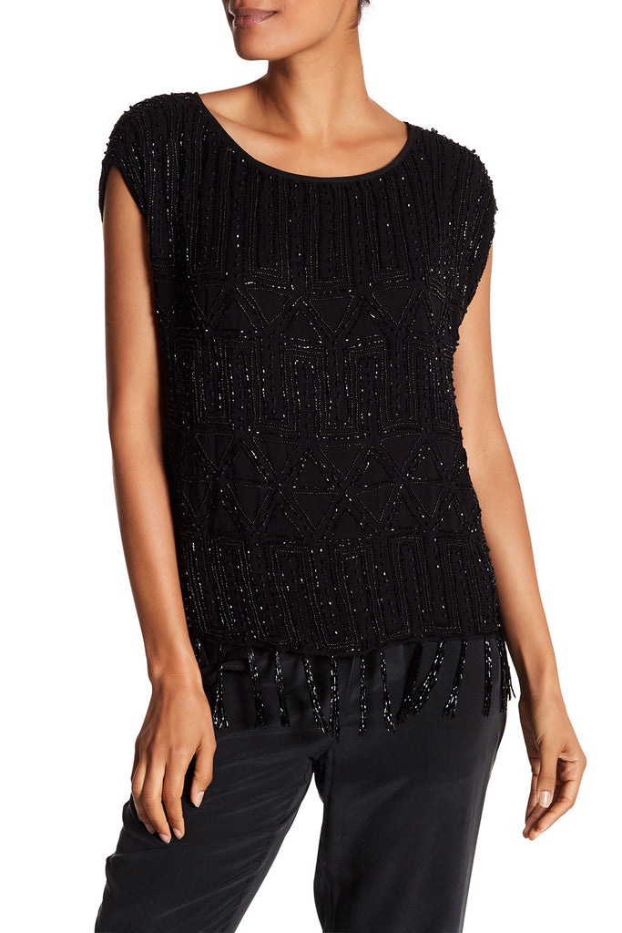 Joie Cecile Beaded Cap-Sleeve Top, Black