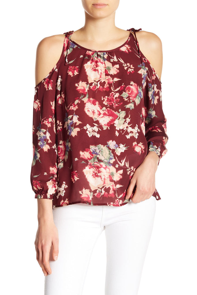 Joie Jilette Cold-Shoulder Floral Print Silk Blouse, Deep Verbena