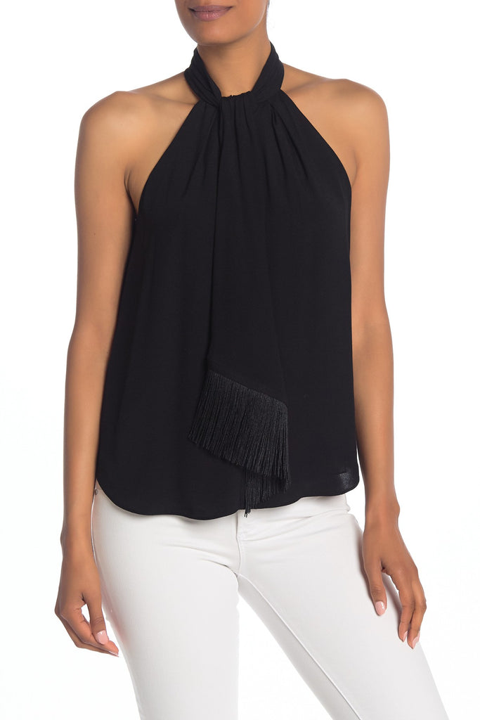 Joie Leikyn Fringe Tie-Front Sleeveless Halter Top, Caviar