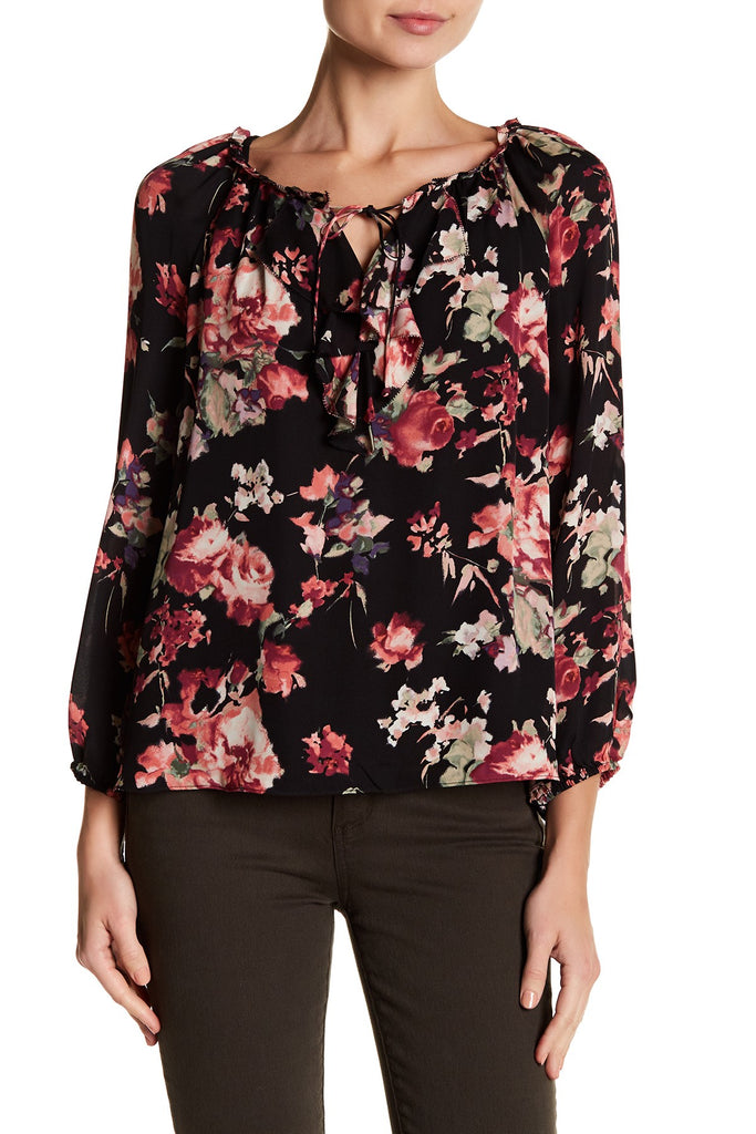 Joie Nadege Floral-Printed Tie-Neck Silk Blouse, Caviar