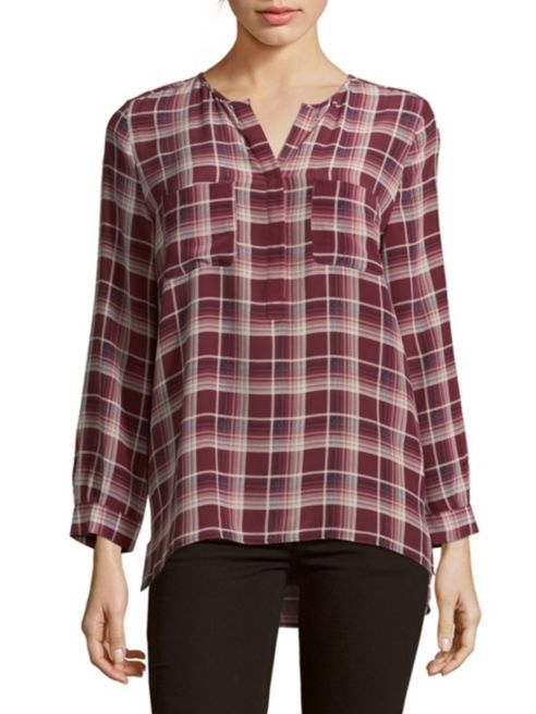 Joie 'Nepal' Split-Neck Printed Plaid Silk Blouse, Raisin