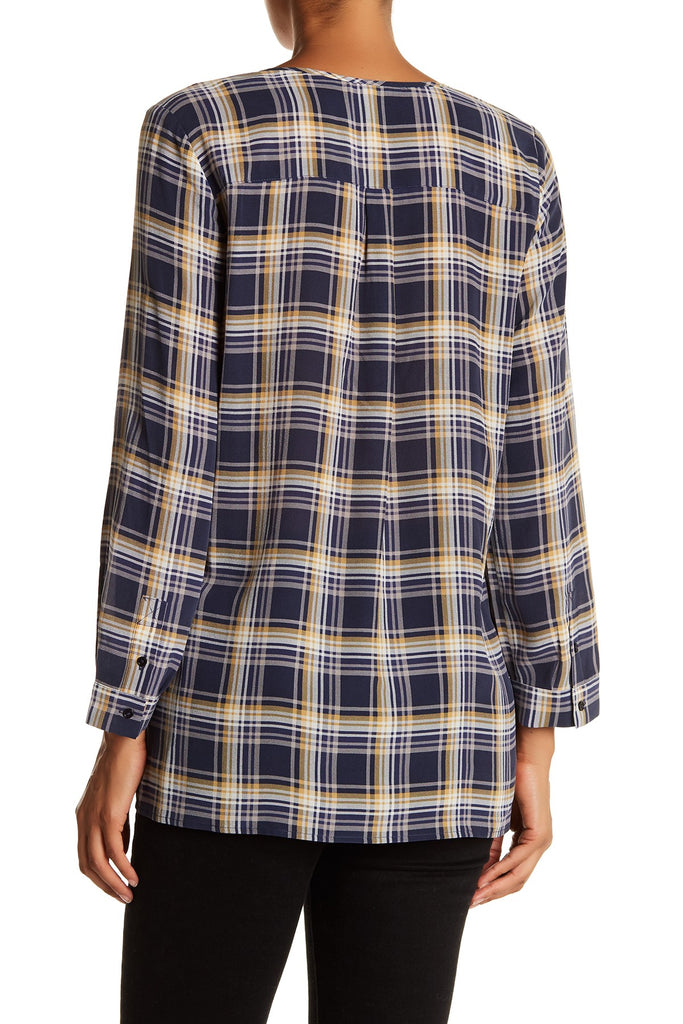 Joie 'Nepal' Split-Neck Printed Plaid Silk Blouse, Dark Navy