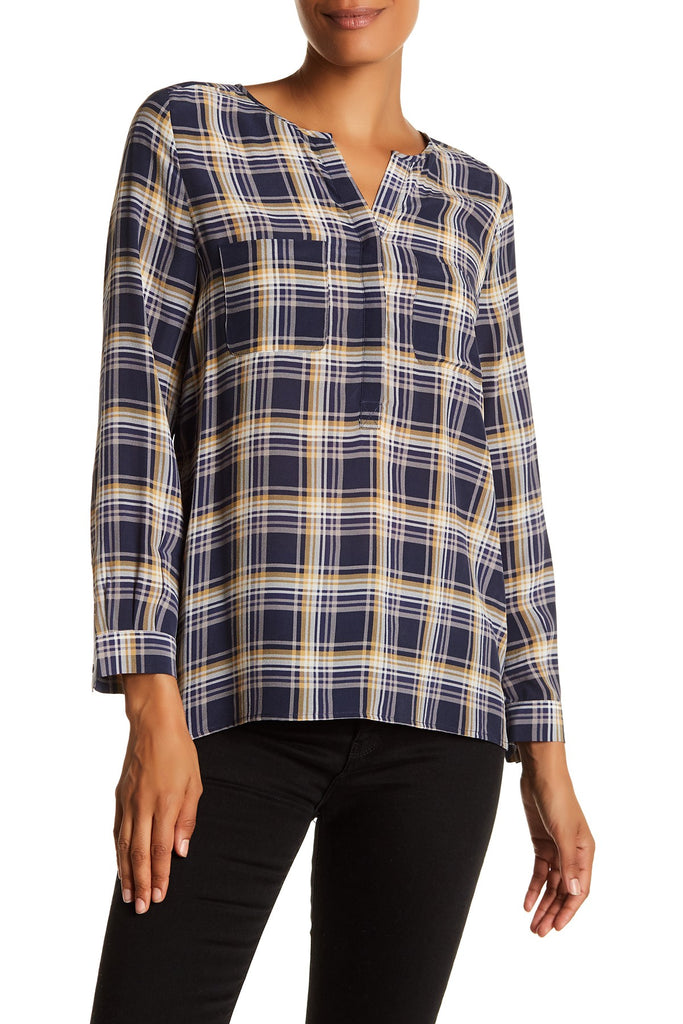 Joie 'Nepal' Split-Neck Printed Plaid Silk Blouse, Dark Navy