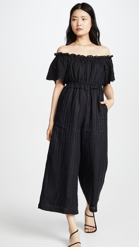 Joie Alverna Off-The-Shoulder Cropped Linen Jumpsuit, Caviar Black