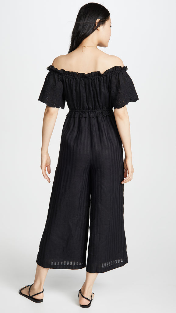 Joie Alverna Off-The-Shoulder Cropped Linen Jumpsuit, Caviar Black