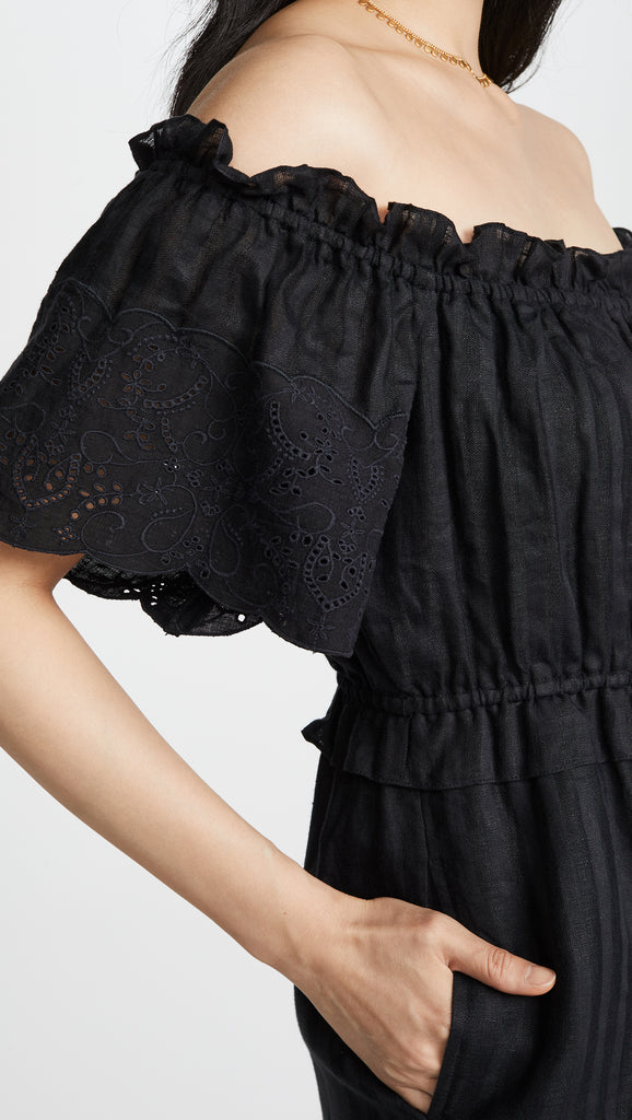 Joie Alverna Off-The-Shoulder Cropped Linen Jumpsuit, Caviar Black