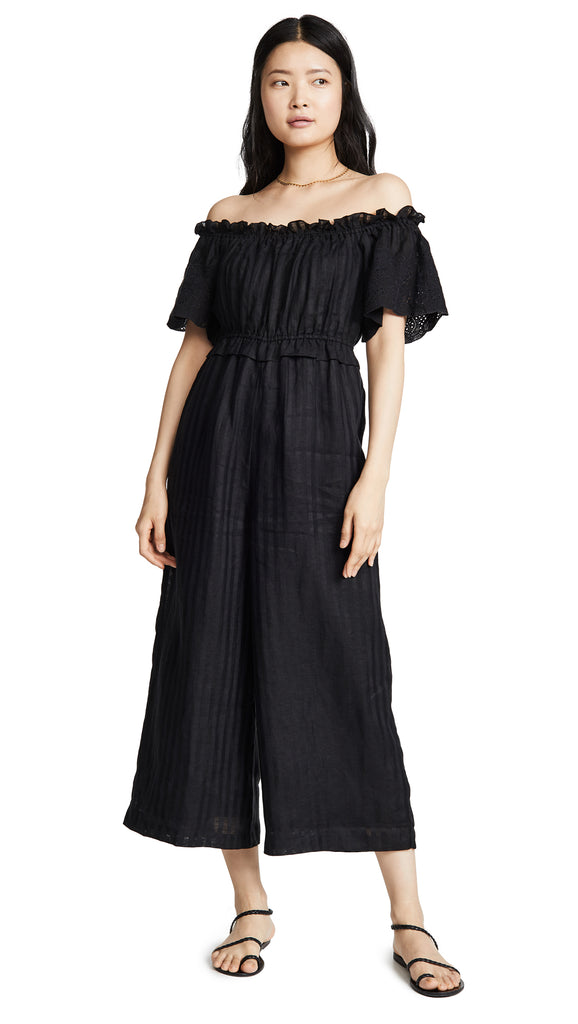 Joie Alverna Off-The-Shoulder Cropped Linen Jumpsuit, Caviar Black