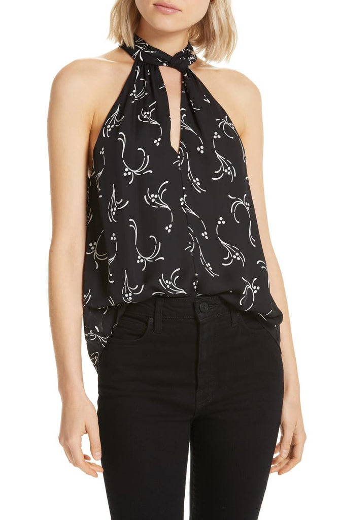 Joie Cedra Printed Silk Sleeveless Halter Blouse, Caviar