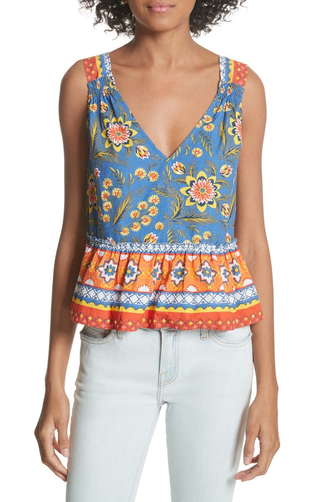 Joie 'Chinaru' Sleeveless Printed Cotton Peplum Top, Baja Blue
