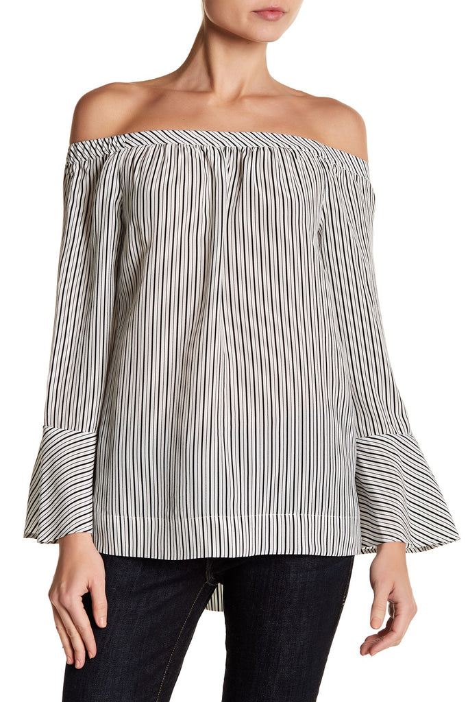 Joie Dinora Striped Off-the-Shoulder Silk Blouse, Porcelain/Caviar