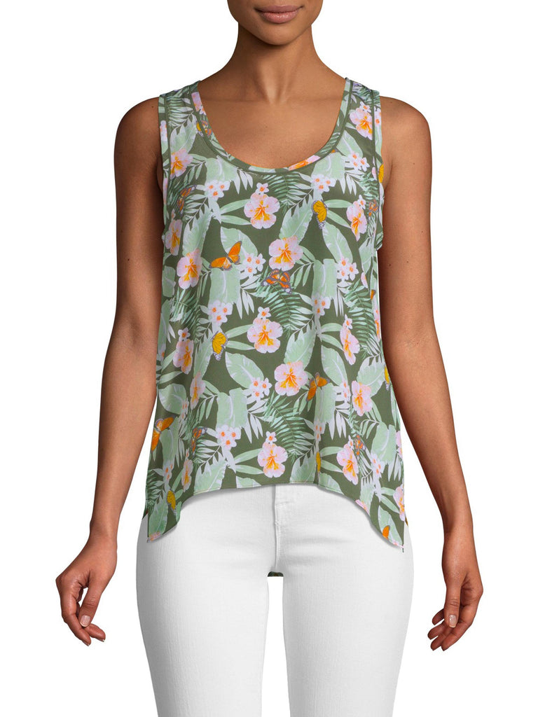 Joie Erla Sleeveless Silk Tropical Floral Print Top, Moss