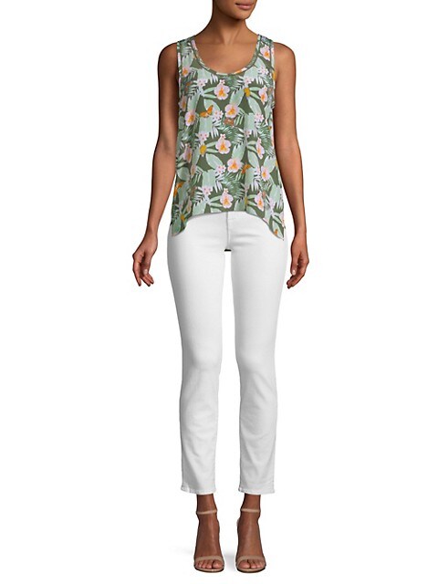 Joie Erla Sleeveless Silk Tropical Floral Print Top, Moss