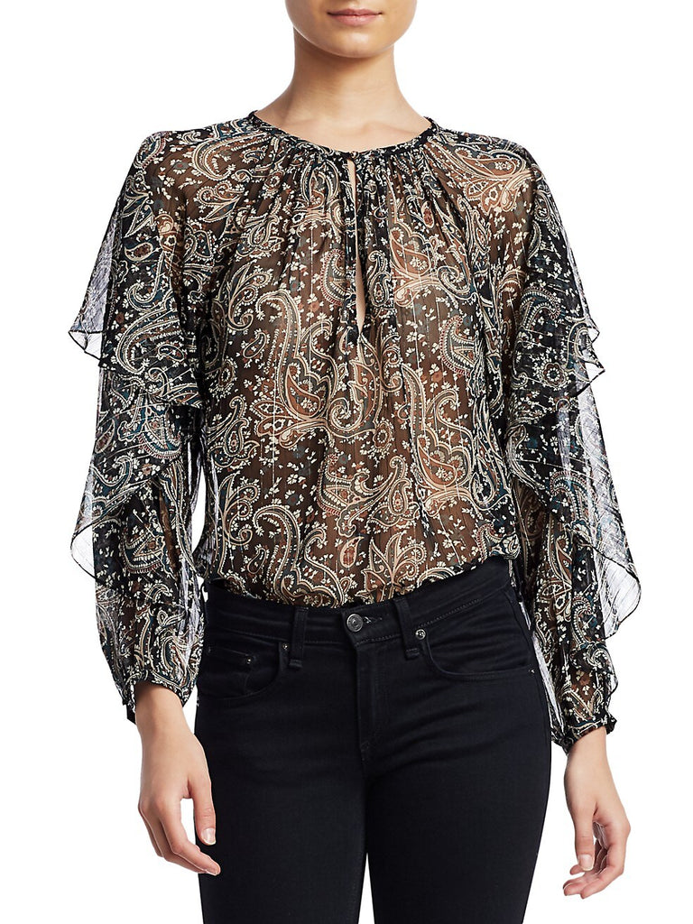 Joie 'Kriston' Paisley Print Semi-Sheer L/S Blouse, Caviar