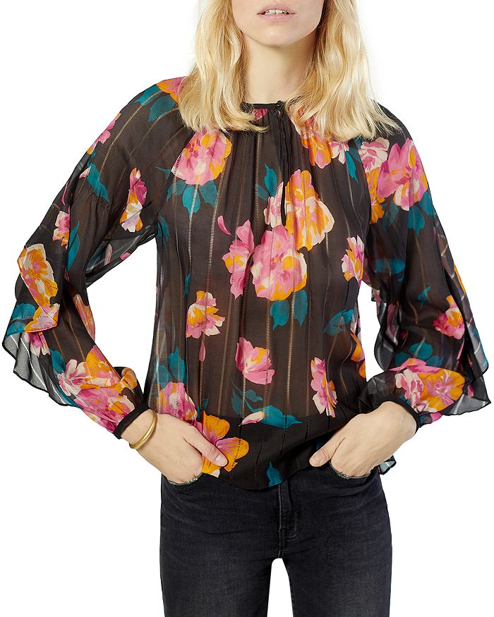 Joie 'Kriston' Floral-Print Semi-Sheer Silk Blouse, Caviar