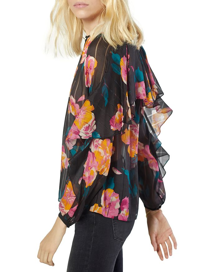 Joie 'Kriston' Floral-Print Semi-Sheer Silk Blouse, Caviar