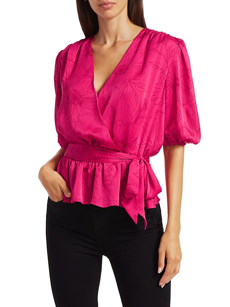 Joie 'Macie' Tonal-Floral Print Wrap-Style Top, Fuchsia